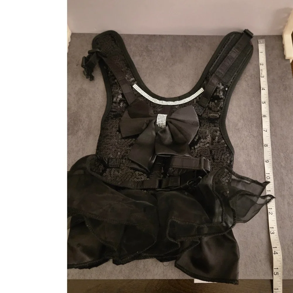 Black Sequin Dog Harness Dress Rhinestone Bow Tutu Pet Vest Medium